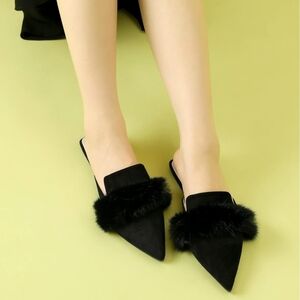 Allegra K Pointed Toe Faux Fur Slip-on Flat Slide Mules 8